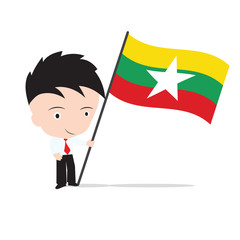 Businessman standing and, holding flag of Myanmar concept isolated on white background