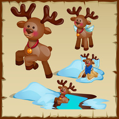 Reindeer in different way in winter, vector set
