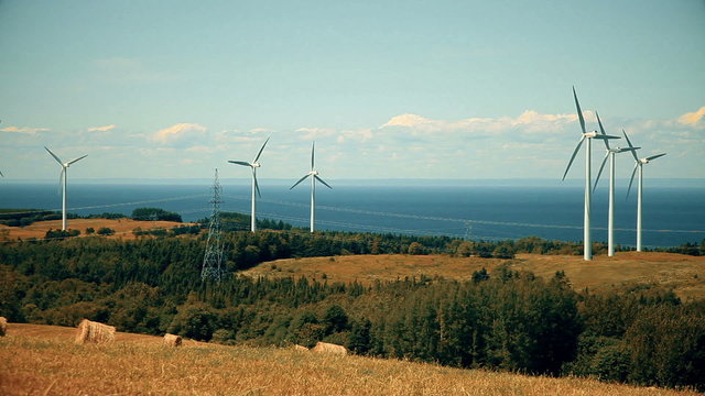 Cinemagraph (Motion-Photo) Effect of Wind Turbines in a Field and ONLY one Rotating