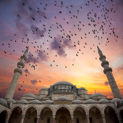 Magic Sunrise over Blue Mosque, beautiful sky with birds,