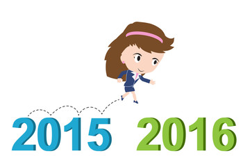 Happy business woman running from 2015 to 2016, new year success concept, vector