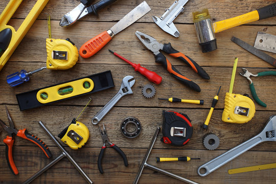 Old tools on a wooden table