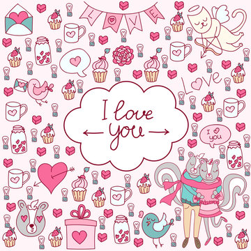 Valentine's Day doodles. Romantic hand drawn elements.Vector. Valentines day card. Cute skunks.
