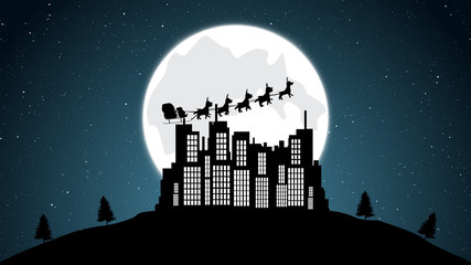 Santa sleigh with reindeer frying over buildings
