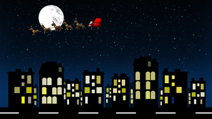 Santa flying on sleigh with reindeer over apartments in night