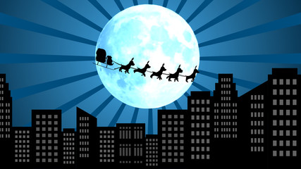 Flying Santa with sleigh and reindeer in moon rays 