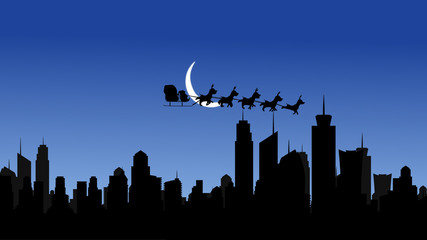 Santa flying over the city in half moon 