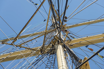 Fototapeta premium Old sailing ship masts sails and rigging