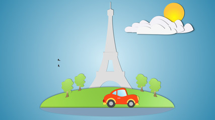 Abstract design of Eiffel tower car and sun behind clouds