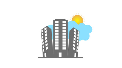 Cartoon design clouds over buildings and sun behind clouds