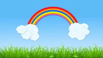 Cartoon style graphics rainbow and clouds over grass