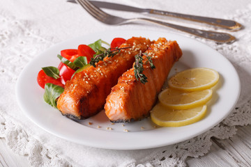 Grilled salmon with lemon and fresh salad on a plate. horizontal
