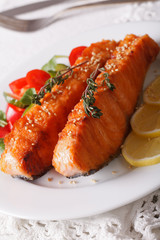 Grilled salmon with sesame and fresh salad on a plate macro. vertical
