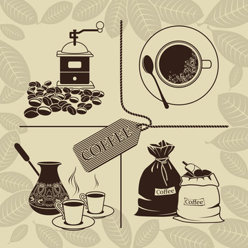 Set of coffee beans, cezve, grinder, cup of coffee and sacks