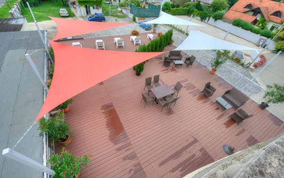 Terrace in summer with shade sails