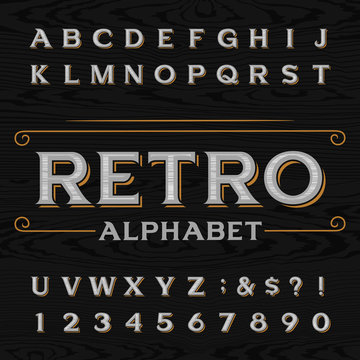 Distressed retro vector typeface. Letters, numbers and symbols on the dark wood textured background. Alphabet font for labels, headlines, posters etc.