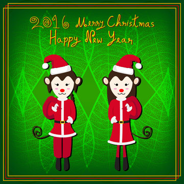 Merry Christmas Monkey Santa Green Background Vector Illustration