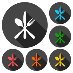 Cookin, kitchen, restaurant icons set with long shadow
