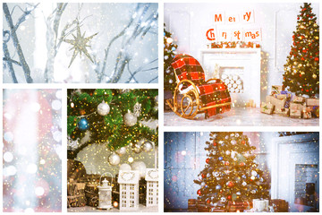 Christmas collage with gifts,toys and fir tree branches. Christmas collection