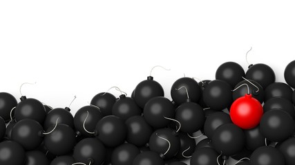 Heap of black and one red bombs on white background