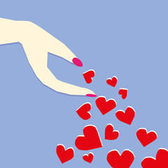 Female hand losing or letting go of heart symbols as a concept for Romance or Valentine Day