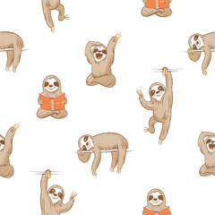 Vector seamless pattern with cute cartoon  sloth  on white  background. © voron4ihina