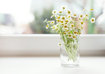 Bouquet of chamomiles flowers on the window sill