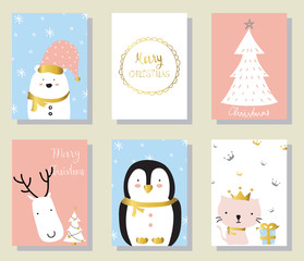 Light pink blue love christams greeting card with cat penguin an