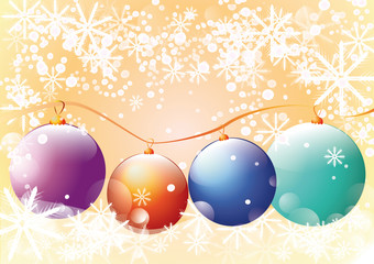 colorful chirstmas baubles over snowy background
