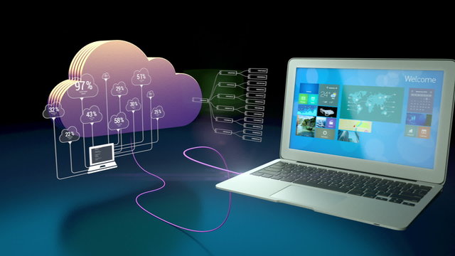 Abstract animation of a cloud connecting to various devices such as laptop, tablet, mobile phone and a smart watch