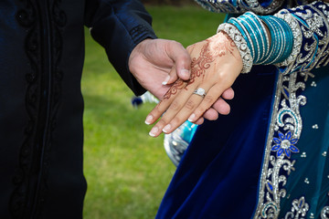 Groom showing brides hand and ring