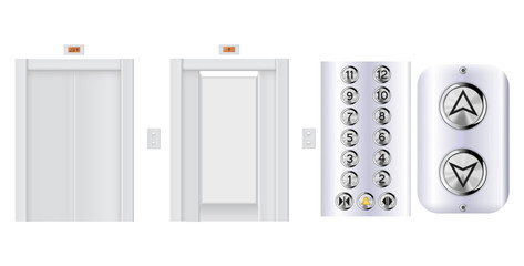 Elevator buttons panel. Elevator with open doors and with closed doors.