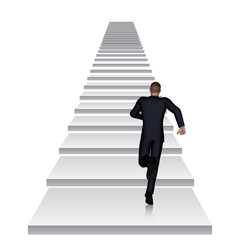 Conceptual 3D business man running or climbing white stair isolated