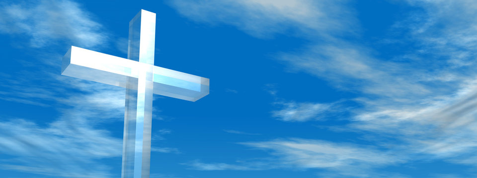 Conceptual glass cross or religion on water over a day sky banner