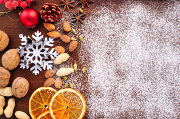 Fototapeta na wymiar Creative winter time baking background. Christmas holidays concept