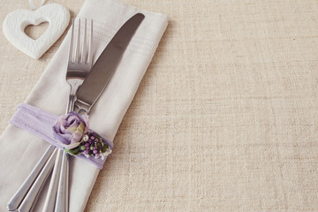 Valentine's table setting with flowers, copy space background, selective focus, vintage tone