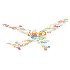 Conceptual colorful plane silhouette travel tourism text word cloud