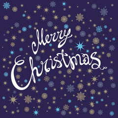 Merry Christmas and Happy New Year card with hand drawn lettering and stars on dark background. Cute Holiday background