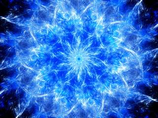 Blue glowing mandala shaped explosion in space