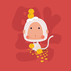 Vector Illustrator of White Monkey in Chinese Zodiac with Oranges, coins and Luck Character for 2016 New Year Celebrate