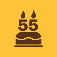 The birthday cake with candles in the form of number 55 icon. Birthday symbol. Flat
