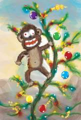 Monkey rowdy on the tree. Card Happy New Year