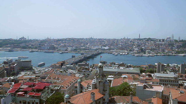 Istanbul rooftops and the Bosporus shoot from the Galata tower, cityscape Turkey.