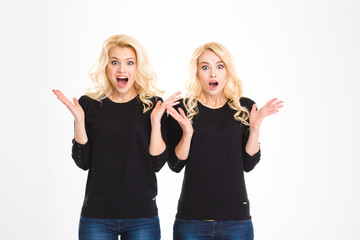 Two shocked surprised blonde amusing sisters twins