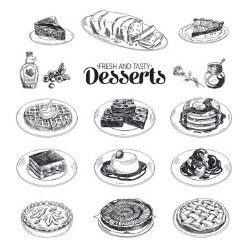 Vector hand drawn sketch restaurant desserts set. 