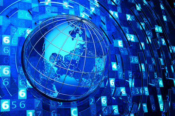 Global communication, internet and computer technology concept, Earth globe on abstract blue background with digital code