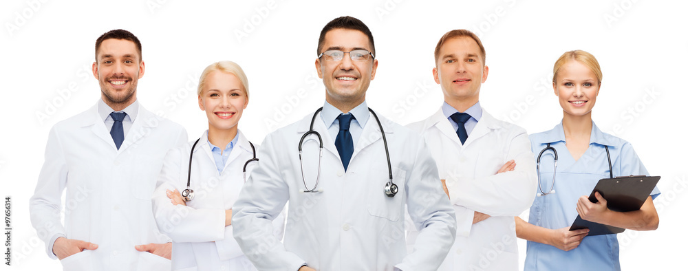 Poster group of doctors with clipboard and stethoscopes