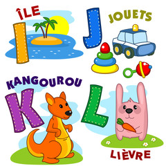 French alphabet with letters a I J K L to the island and pictures, toys, kangaroo, rabbit.