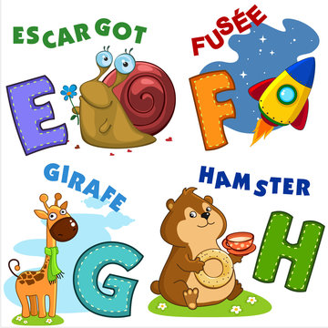 French alphabet with letters a E F G H in the picture, and the snail, rocket, giraffe, hamster.