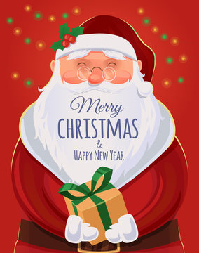 Christmas greeting card, poster. Santa Claus portrait. Funny Santa. Vector illustration. Merry Christmas and Happy New Year